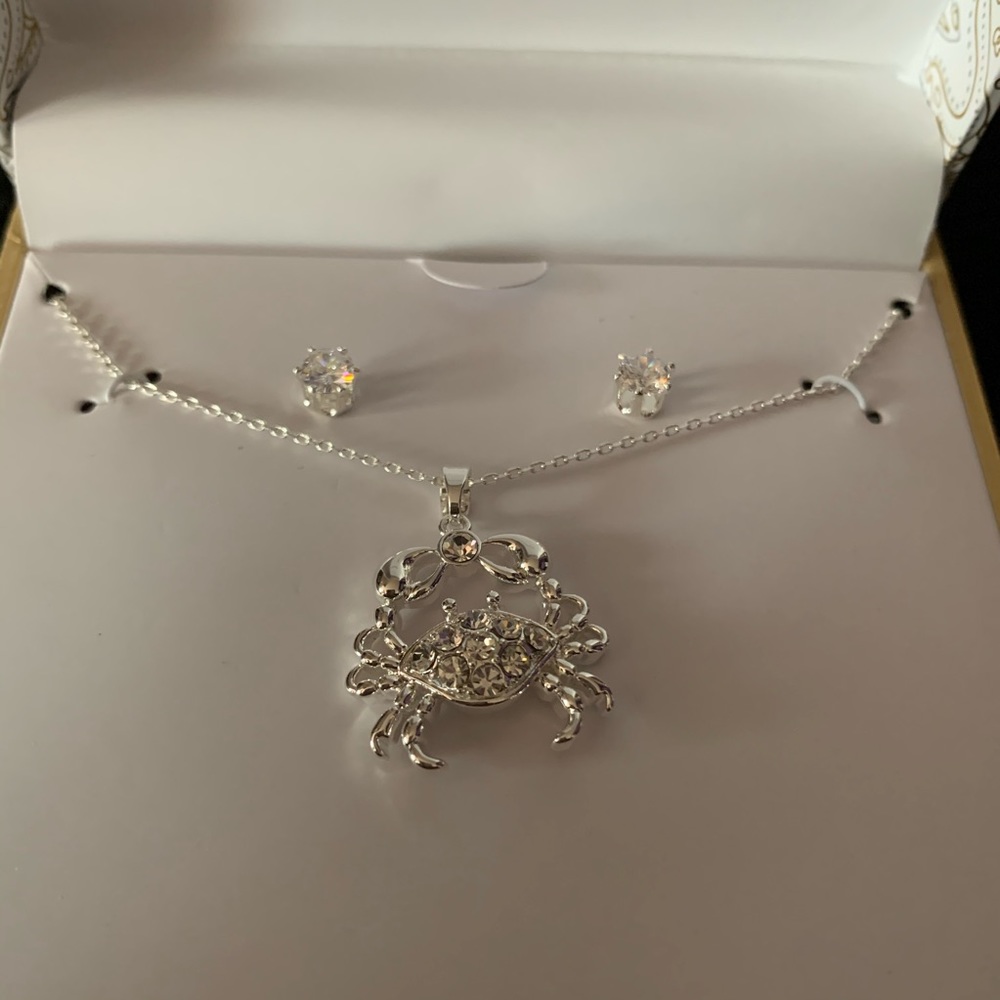 Silver Cancer Crab rhinestone necklace